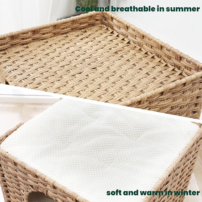 Safety Triple-Layer Cat House for Indoor Cats - Hand-Woven Rattan Cat Cave with 2 Hideaways & 3 Soft Pads - Foldable & Sturdy Cat Condo Furniture for Multiple Cats & Small Pets, Easy Assembly - Image 4