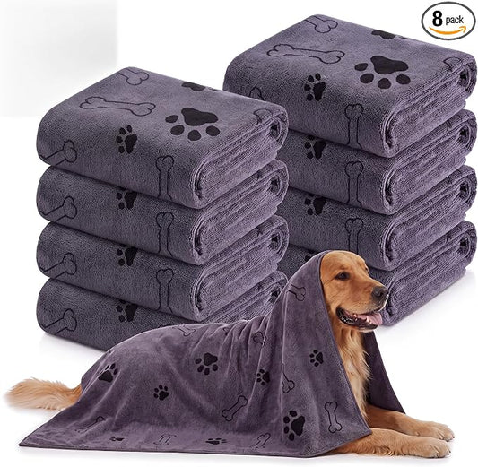 Chumia 8 Pcs Microfiber Dog Towels for Drying Dogs Cats 55 x 28 Inch Pet Towels Bulk for X-Large Puppy Absorbent Fast Drying Paw Bath Bathing Supplies for Pets(Dog Paw and Bone, Gray) by Chumia