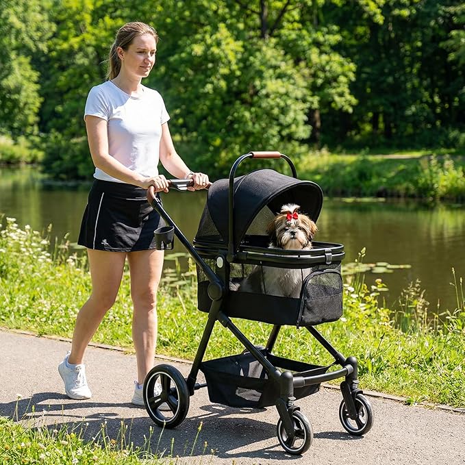 Foldable Dog Stroller, 3 in 1 Pet Stroller for Small Medium Dog Cat up to 50lbs, Detachble Portable Pet Bag, Storage Basket and One-Button Folding Frame