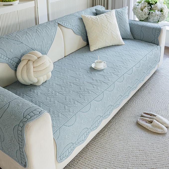 Cotton Quilted Pet Couch Covers for Sofa Farmhouse Rustic Floral Embroidery Sectional Couch Cover Soft Anti-Slip Sofa Slipcover Furniture Protector for Kids, Dogs, Pets (Blue,28"x94") - Image 4