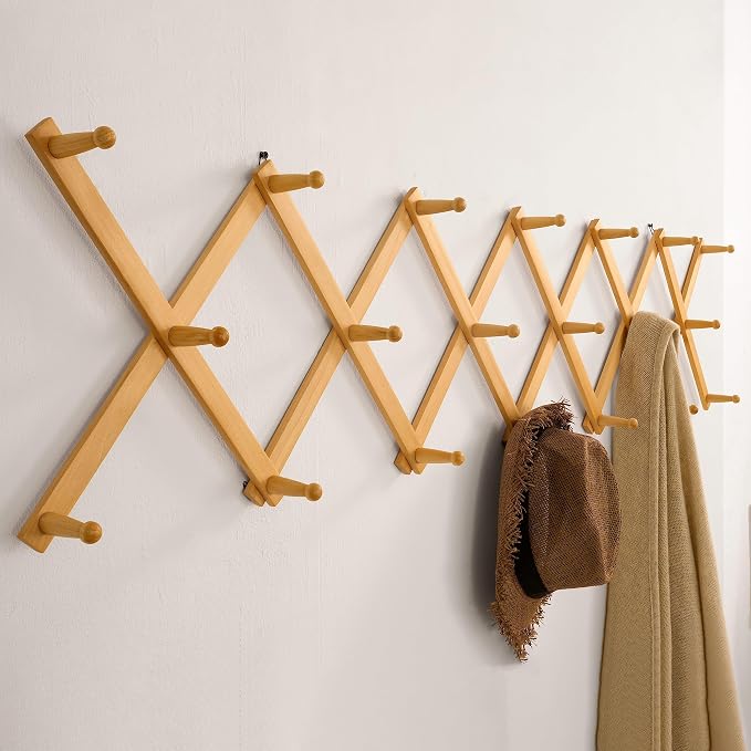 SKOLOO Hat Rack for Wall with 20 Hooks, Solid Wooden, Modern, Expandable Coat Rack Wall Mount for Coats, Hats, Bags, Baseball Caps, Natural Color - Image 4