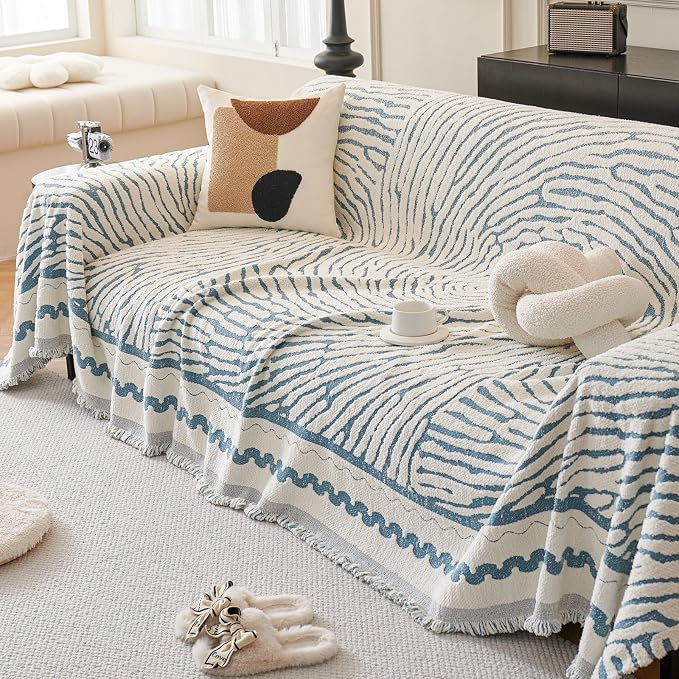 ROOMLIFE Thicked Striped Couch Cover with Tassel Blue Chenille Sofa Cover Blanket for Sectional Sofa, Soft Sofa Slipcovers for L Shaped Love Seat 2-3 Cushion Couch Anti Slip Sofa Protector, 71"x134" - Image 2
