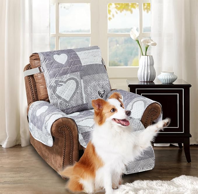 Brilliant Sunshine Grey Heartlove Patchwork Couch Recliner Cover, 28" seat | Non Slip Sofa Cover, Quilted Furniture Protector, Large Washable Reclining Chair Slipcover for Pets, Dogs & Cats by BrilliantSunshine