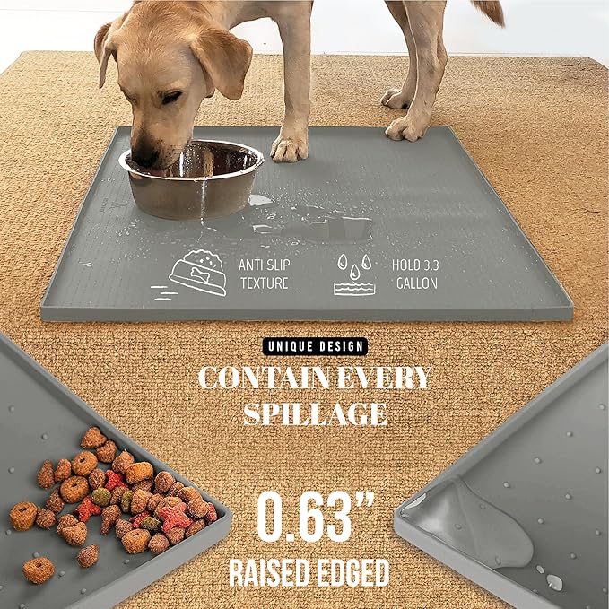 AVERYDAY 100% Waterproof Thicker Silicone Dog Food Mat, 0.63'' Raised Edge Bowl Mat for Food & Water, Non Slip Pet Feeding Placemat for Messy Drinkers, Perfect for Large Medium Small Breeds, 32"x24" - Image 3