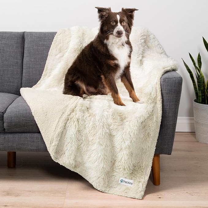 PetAmi Waterproof Dog Blanket for Couch, Bed & Furniture,Reversible Sherpa & Faux Fur Pet Blanket, Leakproof Blanket for Dog Cat, Washable Couch Protector, Soft Calming Pet Throw (40x60, Cream Beige) by PetAmi