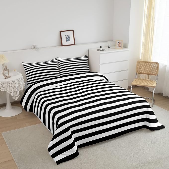 Striped Comforter Set Black and White Stripe Bedding Set Queen Kids Boys Girls Women Men Farmhouse Ticking Stripes Duvet Set Modern Geometric Lines Adults Abstract Gothic Home Decor Soft Reversible - Image 3