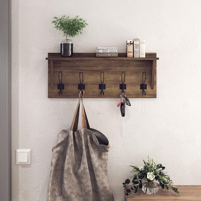 HBCY Creations Rustic Wall Mounted Coat Rack with Shelf - Solid Wood 24" Entryway Shelf with 5 Coat Hangers. Perfect Touch for Your Entryway, Mudroom, Kitchen, Bathroom and More, Weathered Brown - Image 4