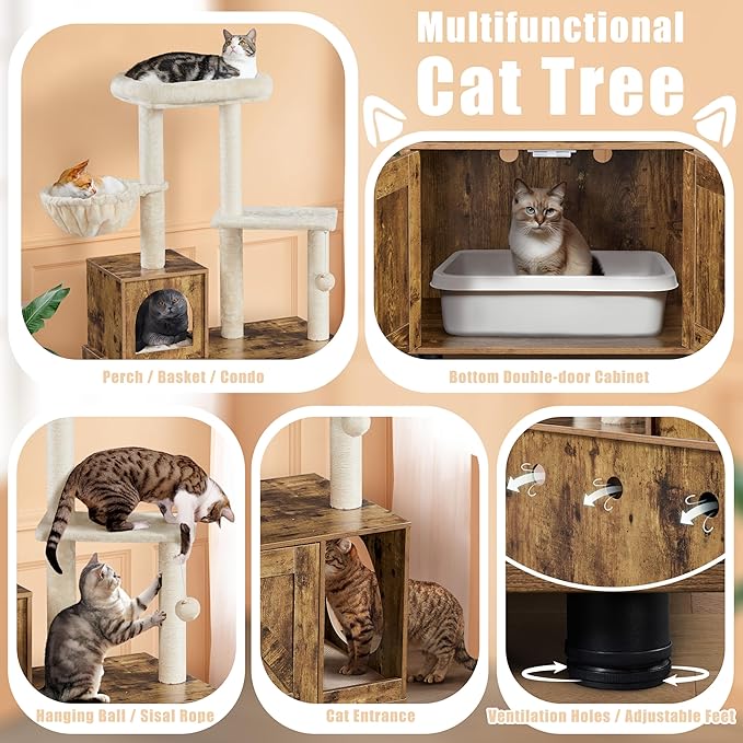 Yaheetech All-in-one Litter Box Enclosure with Cat Tree, Rustic Brown/Beige | Odor-control wooden litter box furniture w/ventilation holes, plush top perch, condo & scratching posts, easy-wipe surfaces - Image 4
