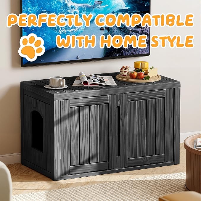 Cat Litter Box Enclosure,Multi-Functional Hidden Litter Box Furniture Cabinet with Adjustable Partition & Side End Table, Indoor Outdoor Cat House with Double Doors,Easy to Clean & Assemble, Black - Image 2