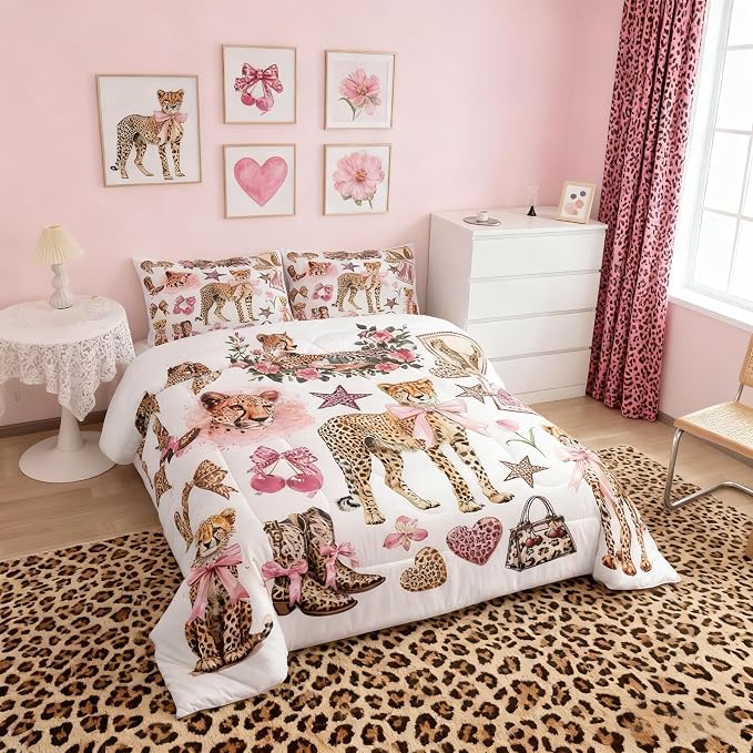 Manfei Girly Bow Cute Comforter Sets King Size,Cartoon Cheetah Boots Bedding Comforter for Kids Girls Boys,Wild Animal Prints Quilt Sets for Bedroom Decor,Duvet Insert,2 Pillowcase,Pink Brown by Manfei