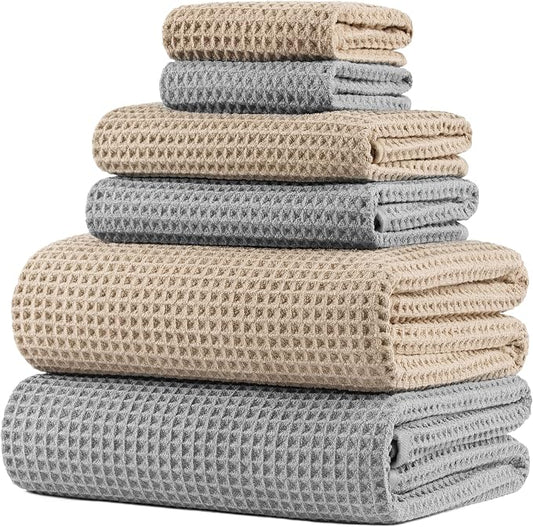 POLYTE 430 GSM Microfiber Quick Dry Lint Free Oversize Bath Towel Set, 6 Piece (Waffle Weave) by Polyte