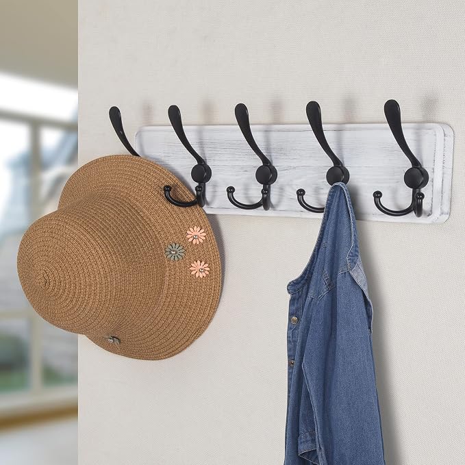 Dseap Coat Rack Wall Mounted - 5 Tri Hooks, Heavy Duty, Wooden Wall Coat Hanger Coat Hook for Clothes Hat Jacket Clothing, White & Black, Pack of 2 - Image 7