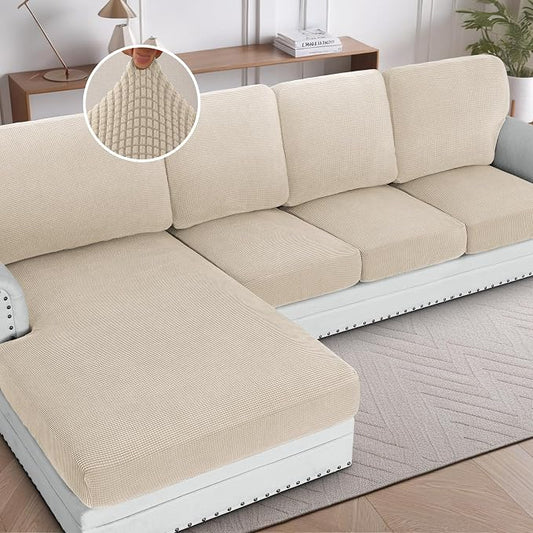 H.VERSAILTEX Sectional Couch Covers 8 Pieces Stretch Sofa Covers for Sectional Sofa Set Separate L Shaped Couch Cover for Both Left/Right Couch (Seat and Back: 1 Chaise + 3 Sofa, Natural) by HVERSAILTEX