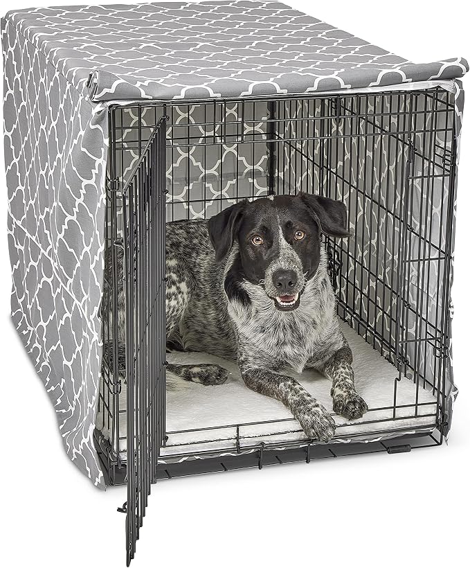 MidWest Homes for Pets Intermediate Dog Crate Cover Featuring Teflon Fabric Protector, Poly-Cotton Privacy Kennel Cover Fits Most 36-Inch Crates, Gray Designer Print, Machine Washable, Reduces Barking by NewWorldPetProducts