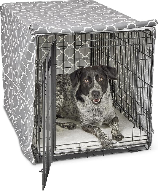MidWest Homes for Pets Intermediate Dog Crate Cover Featuring Teflon Fabric Protector, Poly-Cotton Privacy Kennel Cover Fits Most 36-Inch Crates, Gray Designer Print, Machine Washable, Reduces Barking by NewWorldPetProducts