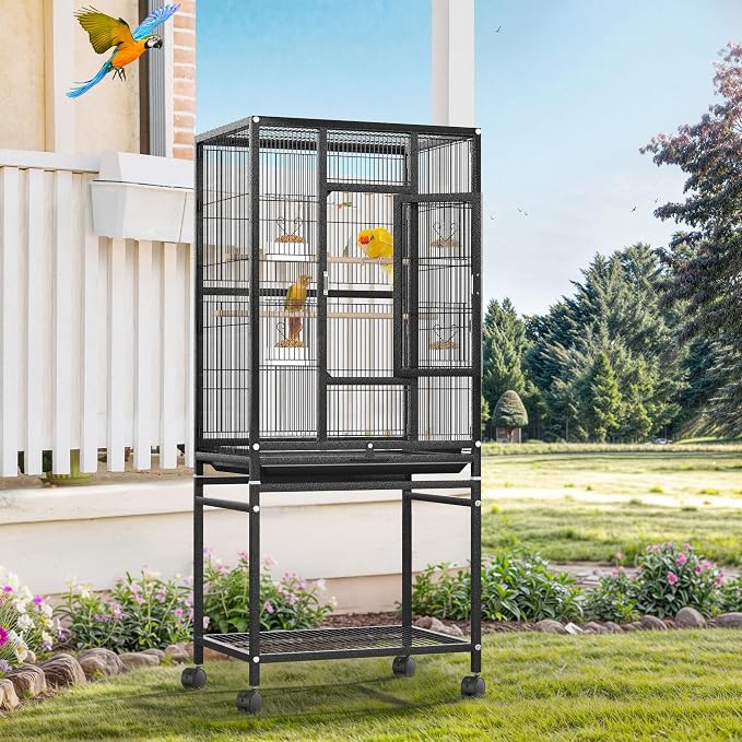 DWVO 53.9-Inch Metal Bird Cage | Large Parrot Cages with Seed Catcher & Cover - Rolling Stand with Brakes - Image 5