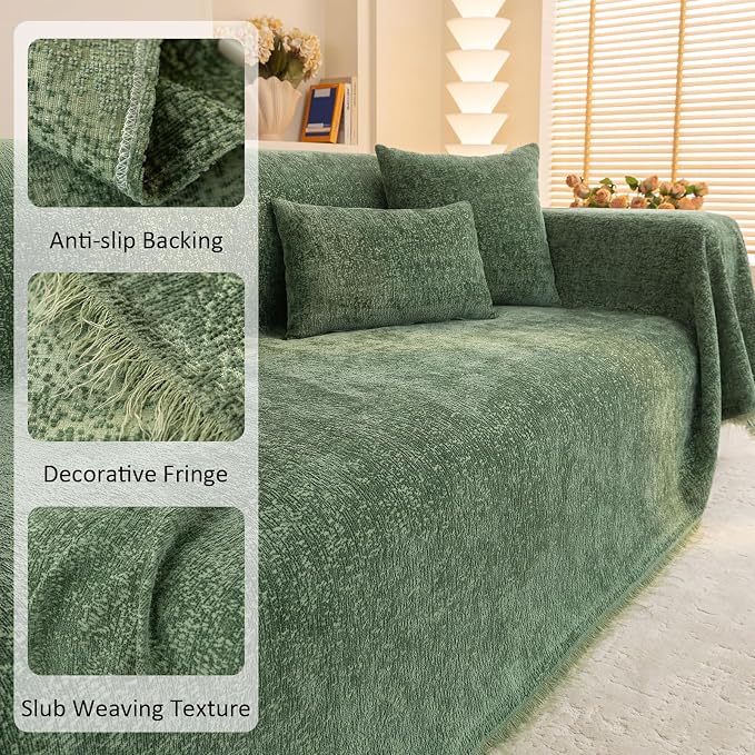 Forest Green Soft Thick Slub Chenille Couch Cover Large 71x118 in | for All Shape Sofa Couch, Slub Furniture Protector Machine Washable, Green Sofa Slipcover for Dogs Pets Kids - Image 3