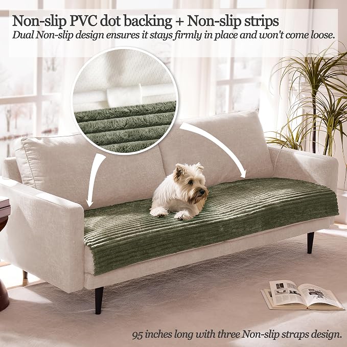 Dual Non-Slip Couch Cover for Dogs Waterproof, Fuzzy Soft Pet Couch Covers for Sofa 3 Cushion, Pet Friendly Soft Dog Bed Covers Sofa Cover Washable (Sage Green, 33" x 75" 1 Pack) - Image 2