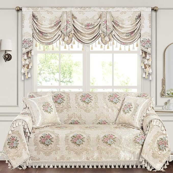 Loom and Mill Jacquard Floral Sofa Couch Covers, Pearly Beige, 71"x118" | Elegant Damask Sofa Throw Cover with Tassels for 2-3 Cushion Couch, Sectional Couch Cover Sofa Slipcover for Dogs Pets - Image 2