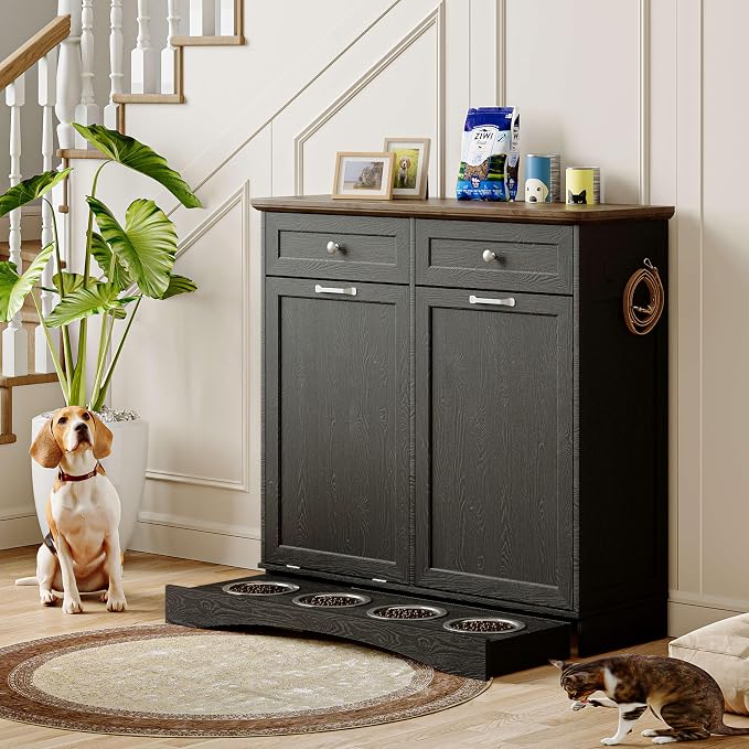 FIMELLO 39.7’’W Dual Doors Dog Food Storage Cabinet, Tilt-Out Dog Feeding Station with 4 Feeding Bowls, Pet Feeder Cabinet, Black Grain - Image 8