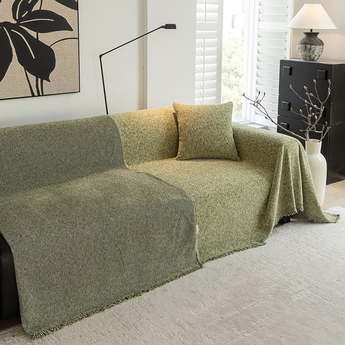 Chenille Couch Cover Blanket Vintage Minimalist Sofa Cover 71"x150" | Speckled Heathered Yarn Woven, Thick Soft Washable Furniture Protector, Fit 3 Cushion Couch & Sectional, Sage Green - Image 7