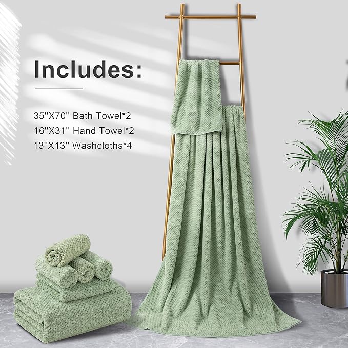 8-Piece Bath Towel Set, 2 Extra Large Bath Towel Sheets, 2 Hand Towels and 4 Washcloths - Highly Absorbent Quick Dry Polyester,Ultra Soft Towel Set for Bathroom, Waffle Weave Design, Pack of 8, Green - Image 6