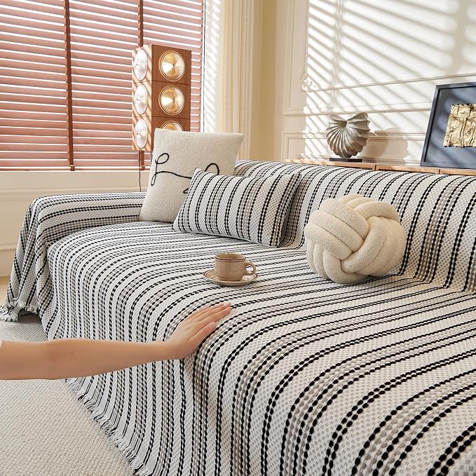 ROOMLIFE Thicked Striped Boho Black &Gray Couch Cover for 2-3 Cushion Sofa, Chenille Sofa Slipcovers Sectional Sofas Covers for Dog, Non Slip Washable Furniture Protector Soft with Tassel 71''X150'' by ROOMLIFE