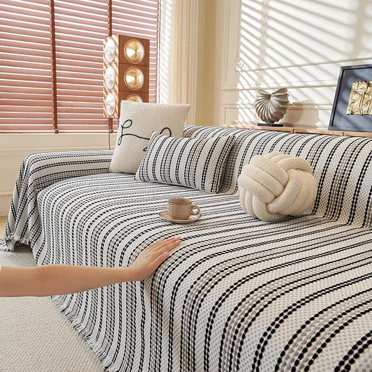 ROOMLIFE Thicked Striped Boho Black &Gray Couch Cover for 2-3 Cushion Sofa, Chenille Sofa Slipcovers Sectional Sofas Covers for Dog, Non Slip Washable Furniture Protector Soft with Tassel 71''X150'' by ROOMLIFE
