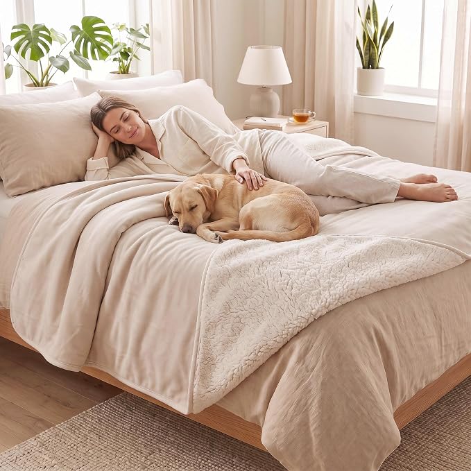 Waterproof Blanket for Bed - Dog Throw as Furniture Protector | Cozy Sherpa & Smooth Velvet, Reversible and Machine Washable, for Couch and bed, 60"x80", Beige by TuffeelHome