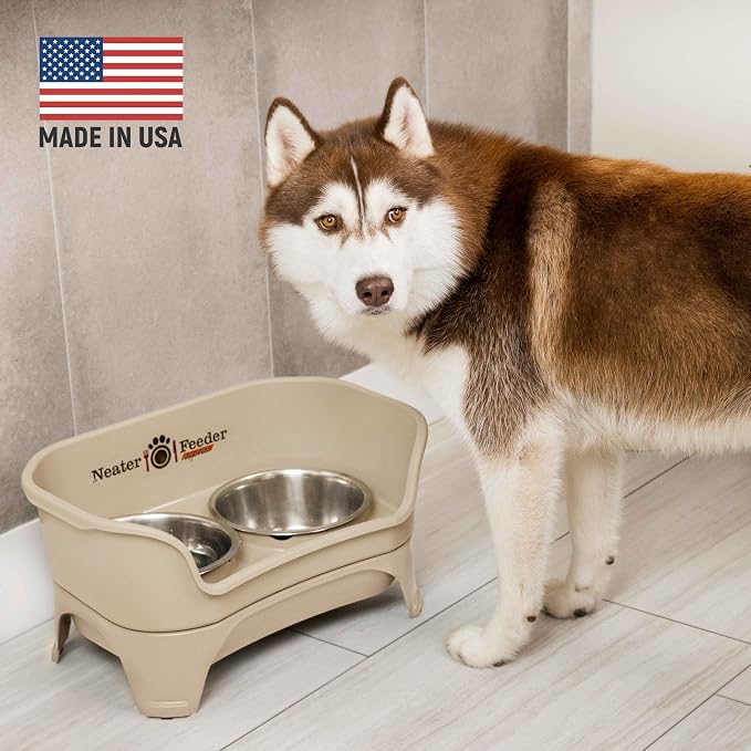 Neater Feeder Express Mess Proof Dog Bowls Elevated for Medium and Large Breed – Made in USA – No Spill Raised Slow Feeder Elevated Dog Bowl Stand, Slow Feed Food and Water Bowl Set, Almond - Image 2