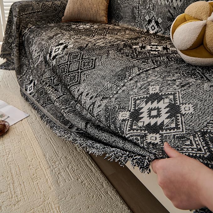 DREAMINGO Couch Covers for Sofa Boho Geometric Jacquard Vintage Sofa Covers 3 Seater Non Slip Chenille Furniture Protector for Dogs Pets Washable Sectional Couch Slipcovers, Black, 71"x134" - Image 4
