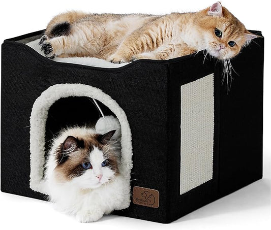 Bedsure Cat House Bed for Indoor Cats with Fluffy Ball and Scratch Pad | Black,16.5x16.5x13 in,Large Cat Cave for Multiple Pets,Foldable Cat Hideway Cube for Sleeping Kitten by Unknown