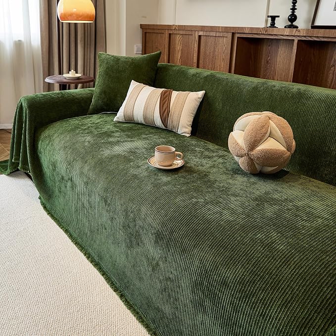 Green Boho Couch Covers for Sofa Washable for 3 Cushion Couch,71''X134'' | Chenille Furniture Protector Sofa Couch Cover for Dogs, Soft Breathable Sofa Slipcover, Couch Throw Blankets with Tassels - Image 3