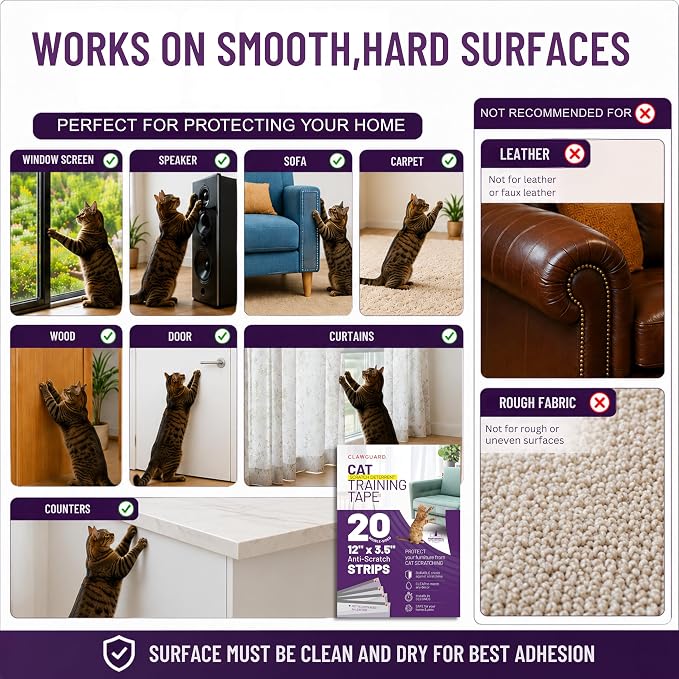 CLAWGUARD Cat Training Tape Strips – 20 Pre-Cut Double-Sided Anti Scratch Shields (12x3.5 in) – Cat Scratch Furniture Protector for Sofa & Surfaces - Image 4
