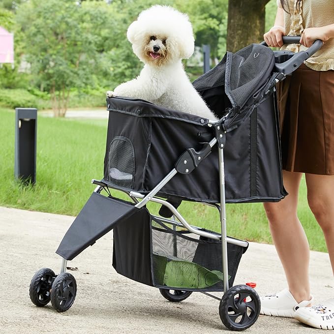 NEWBULIG 3 Wheel Pet Stroller for Dogs and Cats, Foldable, Lightweight and Durable, Ideal for Small to Medium Pets, Includes Storage Basket and Cup Holders