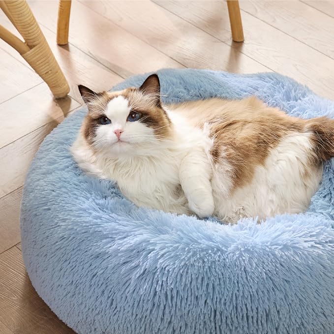 Bedsure Calming Cat Beds Donut Round Washable Kitten Bed,20 inches | Fluffy Faux Fur Cuddler,Anti-Slip Bottom,Anti-Anxiety,Deep Sleeping for Cats&Small Pets Up to 15 Lbs,Light Blue - Image 4