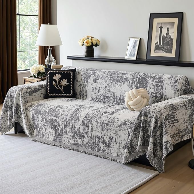 MEETSKY Oversized Couch Cover for Sectional Sofa Set Abstract Geometric Chenille Sofa Cover Washable for Pet Friendly, Couch Cover 3 Seat Couch Protector Multi-Use Blanket, 91"x150", Deep Grey by MEETSKY