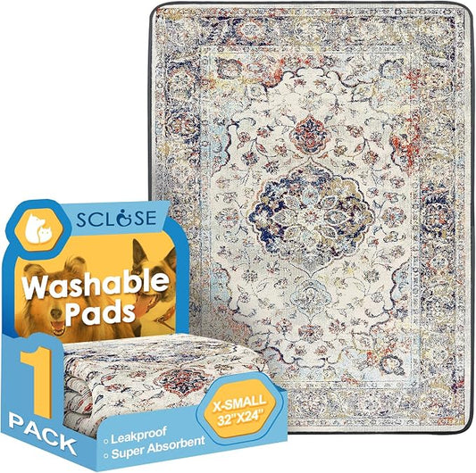 SCLOSE Washable Pee Pad for Dogs, 32" x 24" Reusable Puppy Pads Waterproof Dog Rugs, Super Absorbent, Leakproof, Dog Crate Pad, Playpen Mat, Whelping Pads, Vintage Medallion by SCLOSE