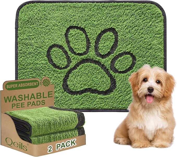 Qeils Reusable Dog Pee Pads, Washable Puppy Pads, Leak-Proof 18"x24" 2 Pack | Super Absorbent And Non-Slip Potty Training Pads, Soft Paw Print Plush Design, Ideal For Crates, Couch, Car Seats & Pet Beds by Qeils