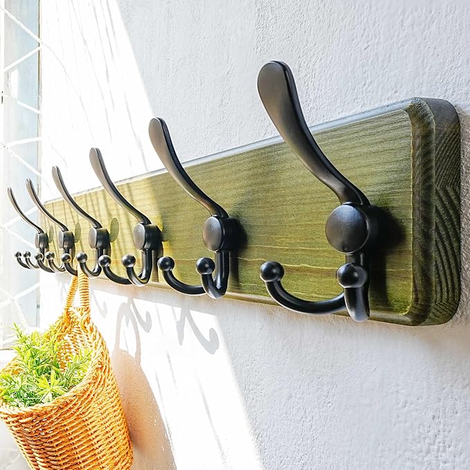 Dseap Coat Rack Wall Mounted - 24" Long 6 Tri Hooks, Heavy Duty Wooden Wall Coat Hanger Coat Hook for Clothes Hat Jacket Clothing, Weathered Green and Black, Pack of 2 - Image 4