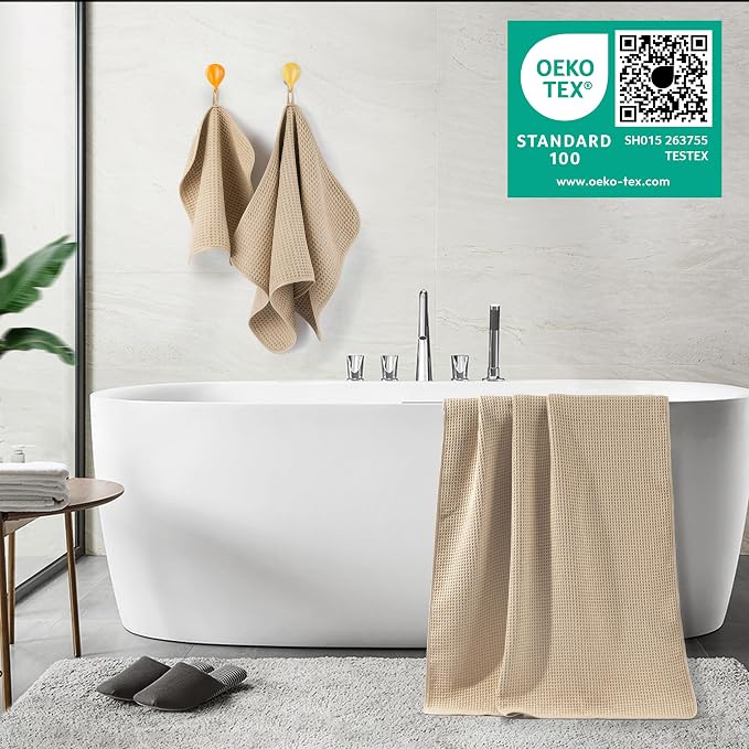 POLYTE 430 GSM Microfiber Quick Dry Lint Free Oversize Bath Towel Set, 6 Piece (Waffle Weave) - Image 3