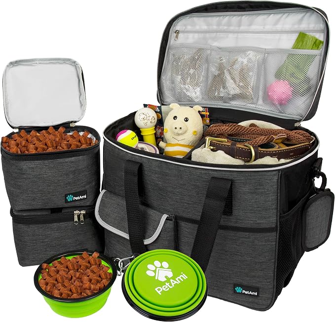 PetAmi Dog Travel Bag Organizer, Pet Travel Kit with 2 Food Containers & 2 Collapsible Dog Bowls, Pet Supplies Tote with Luggage Sleeve, Weekend Road Trip Camping Essentials, Dark Gray, Large by PetAmi