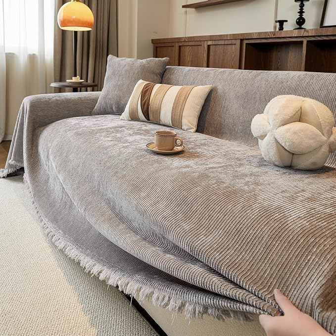 Gray Boho Couch Covers for Sofa Washable for 2 Cushion Couch,71''X118'' | Chenille Furniture Protector Sofa Couch Cover for Dogs, Soft Breathable Sofa Slipcover, Couch Throw Blankets with Tassels - Image 3