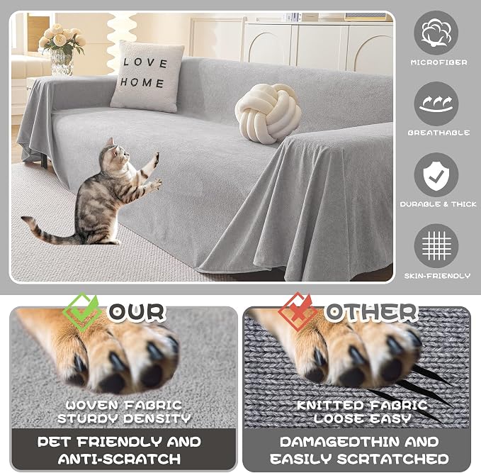 MYSKY HOME Couch Cover Sofa Covers for 3 Cushion Couch, Dog Couch Covers Protector for Sectional Sofa, Non Slip Soft Sofa Slipcover Modern Furniture Protector for Pet, 91" x 134", Light Grey - Image 3