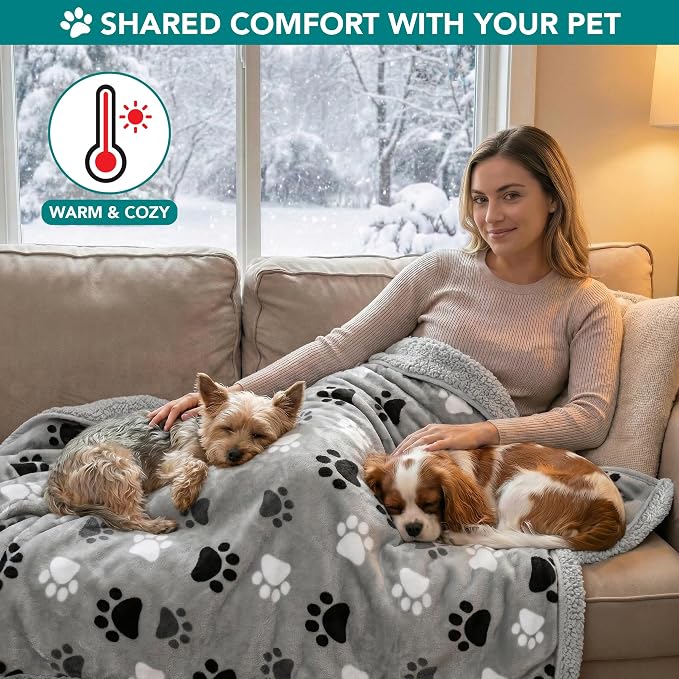 PETAMI Sherpa Fleece Waterproof CAT and Dog Blanket, PAW Gray, Small - Image 4