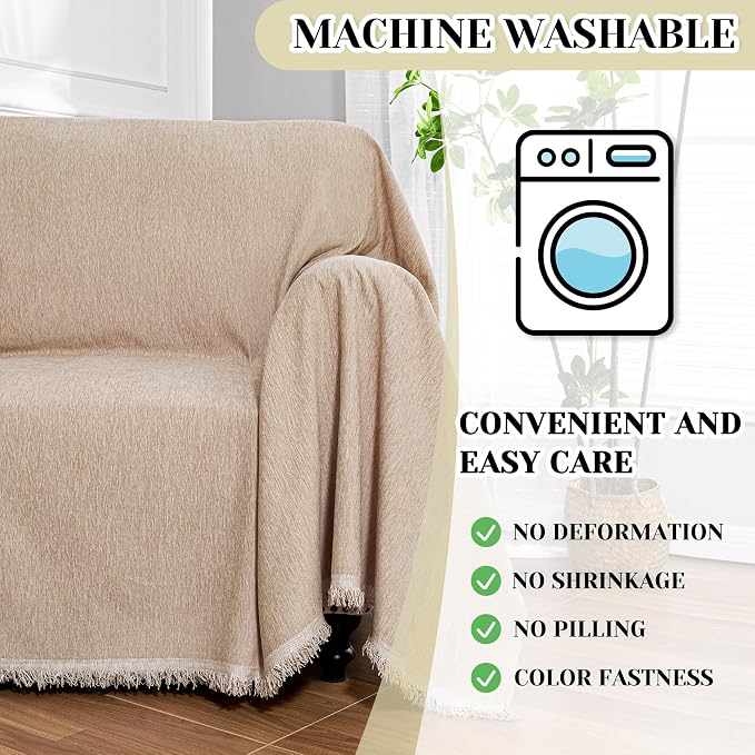MEETSKY Sofa Covers Armchair Single Couch Cover for Dogs,Throw Couch Cover with Tassel Recliner Chair Recliner Cover Washable 1 Cushion Couch Chenille Couch Protector, 71"x 91", Khaki - Image 3