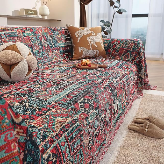 ROOMLIFE Aztec Boho Couch Cover Blanket Sofa Covers for Loveseat 2/3 Cushion Couches, Pet-Friendly Washable Anti-Slip Sofa Slipcovers Furniture Protector with Tassels,Farmhouse Home Decor 71'' X134'' by ROOMLIFE