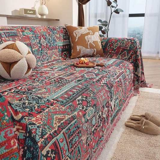 ROOMLIFE Aztec Boho Couch Cover Blanket Sofa Covers for Loveseat 2/3 Cushion Couches, Pet-Friendly Washable Anti-Slip Sofa Slipcovers Furniture Protector with Tassels,Farmhouse Home Decor 71'' X134'' by ROOMLIFE