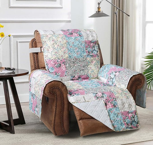 Brilliant Sunshine Lilac and Egg Blue Rose Toile Recliner Cover, 26" seat | Traditional Patchwork Design, Non Slip Sofa Cover, Quilted Furniture Protector, Washable Reclining Chair Slipcover for Pets by BrilliantSunshine