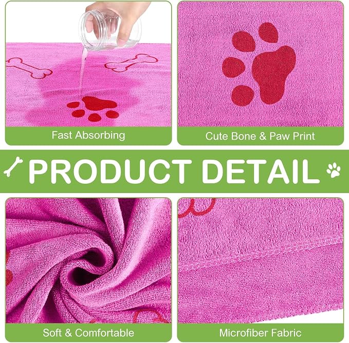 Chumia 8 Pcs Microfiber Dog Towels for Drying Dogs Cats 40 x 24 Inch Pet Towels Bulk for Large Puppy Absorbent Fast Drying Paw Bath Bathing Supplies for Pets(Dog Paw and Bone,Hot Pink,Green) - Image 4